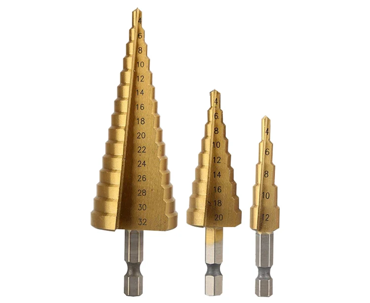 3Pcs Metric Hex Shank Straight Flute Cone Titanium HSS Step Drill Bit Set for Metal in Nylon Bag