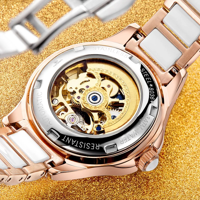 2017 newest design Luxury brand lady no battery automatic mechanical watch with hollow face