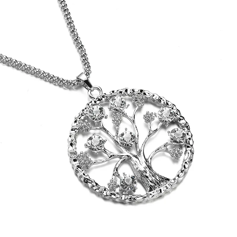 Newest Round Hollow Tree Of Life Necklace Fashion Flower Crystal Tree Of Life Pendant Necklace Women Garment Accessories