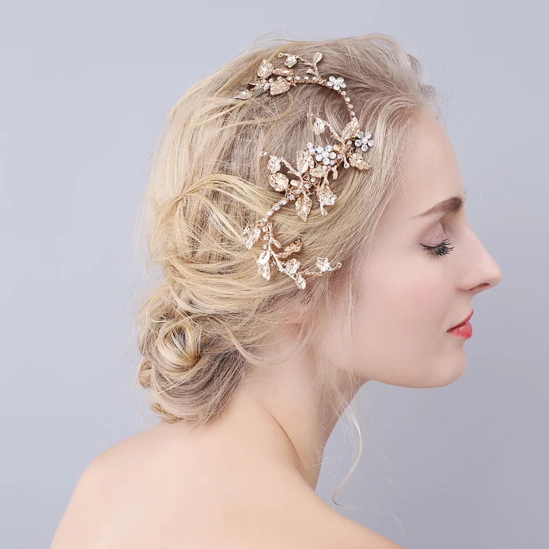 Wedding Hair Accessories Leaf Pearl Headband Gold Color Baroque Vintage Hairband For Bride Women Headpieces Crown Bridal Jewelry