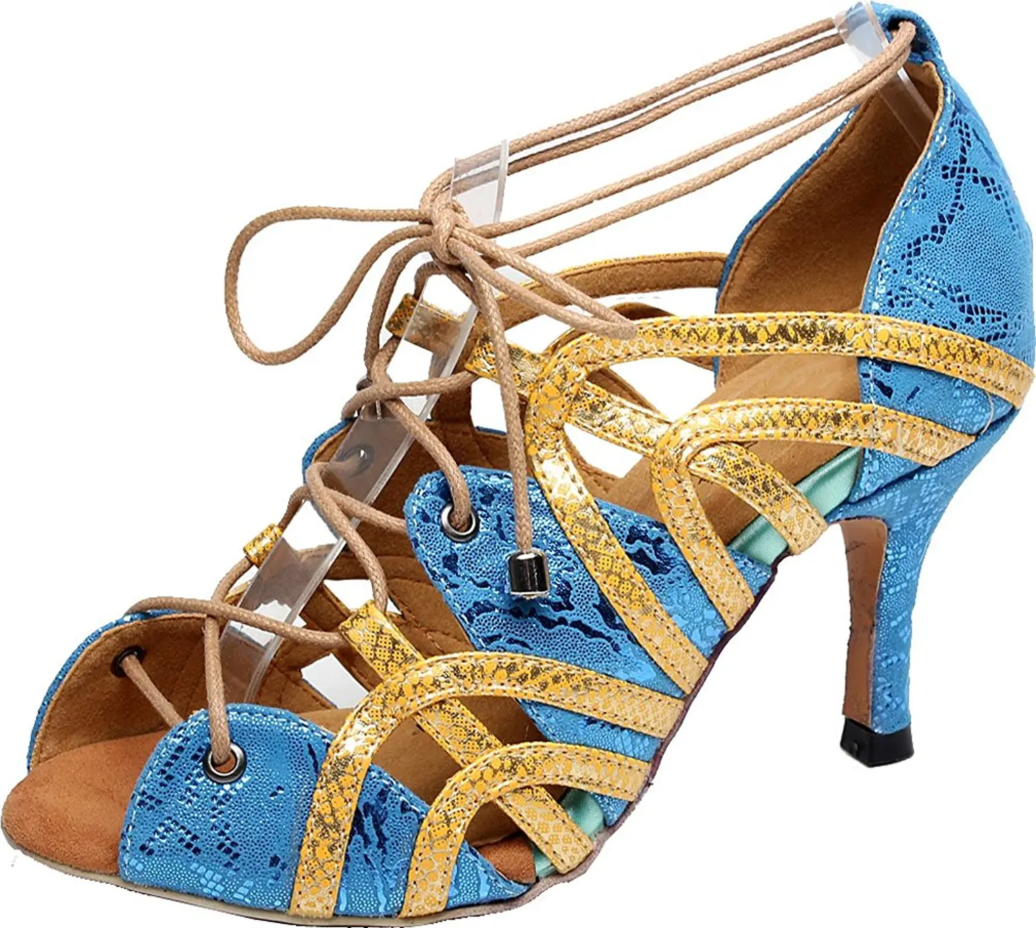 Salabobo Ladies 5017 Sexy Peep Toe Lace Up Dance Shoes Latin Tango Cha-Cha Swing Ballroom Party Wedding Sole 3IN Mid Heel PU Shoes Blue US 4 Outdoor