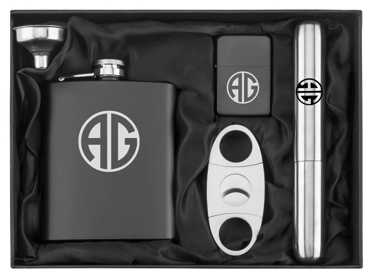 Custom Monogram Engraved 7 oz Flask Funnel Cigar Cutter Lighter Stainless Steel Gift Box Set Personalized