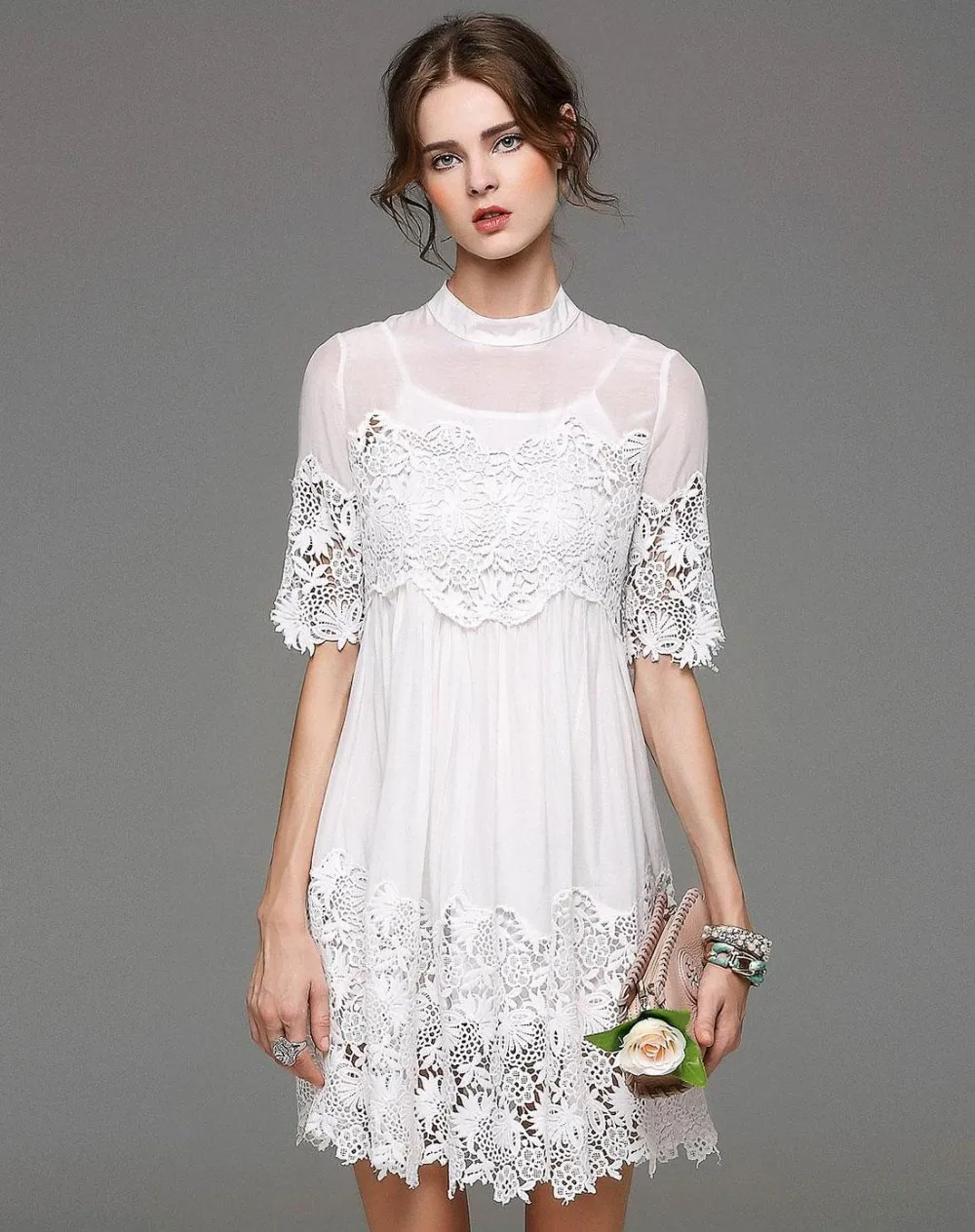 Western Women White Stand Collar Silk Embroidery Mini Dress - Buy ...
