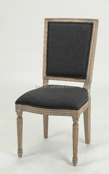 Classic French Style Solid Oak Carved Black Linen Dining Chair