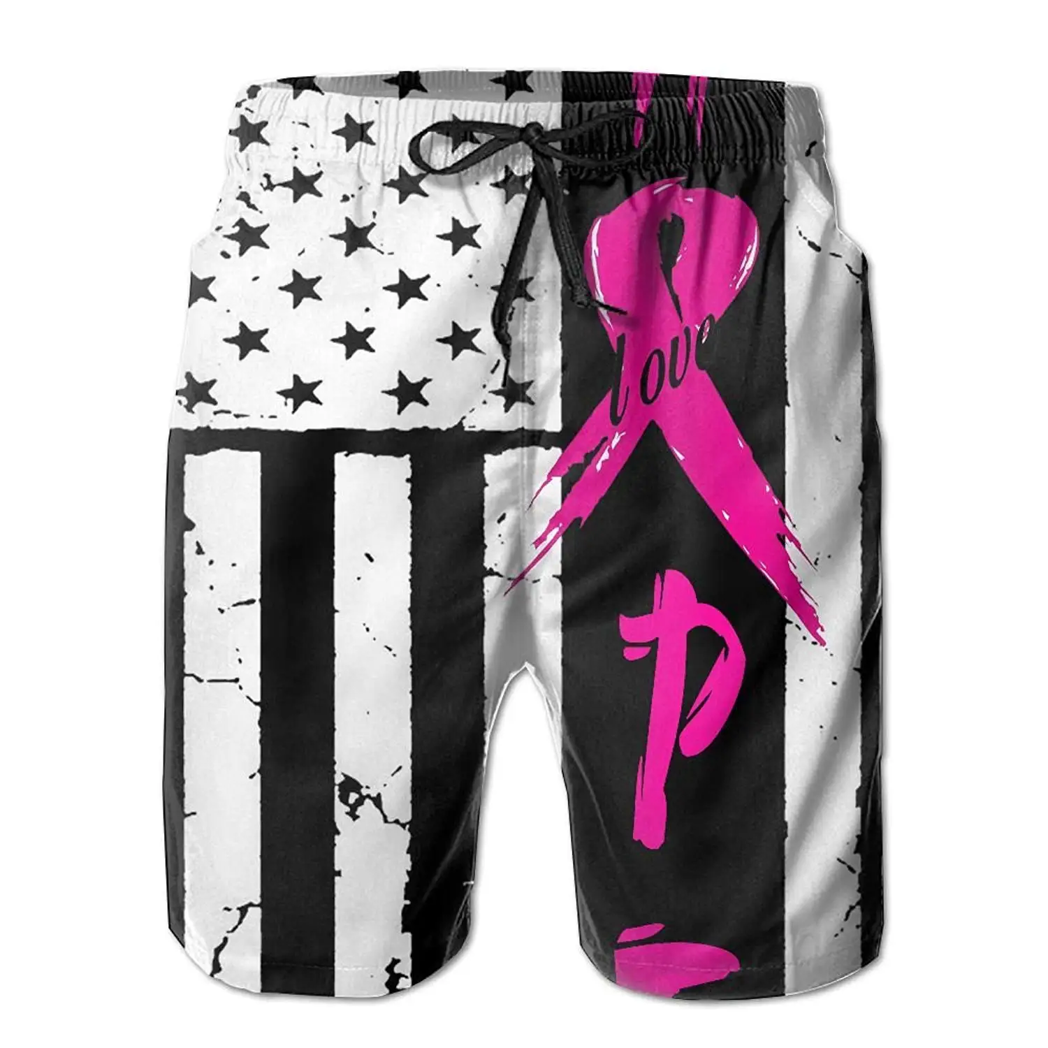 UAJAR Breast Cancer Pink Ribbon Mens 3D Printed Board Shorts Cool Beach Swim Shorts Swim Trunk