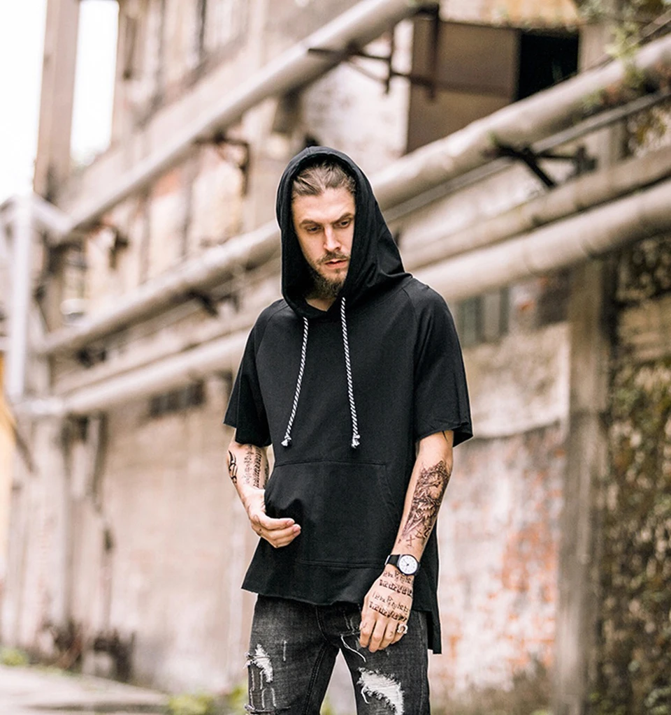 定制男士连帽衫短袖连帽套头衫高街装超大酷风格优质 t恤