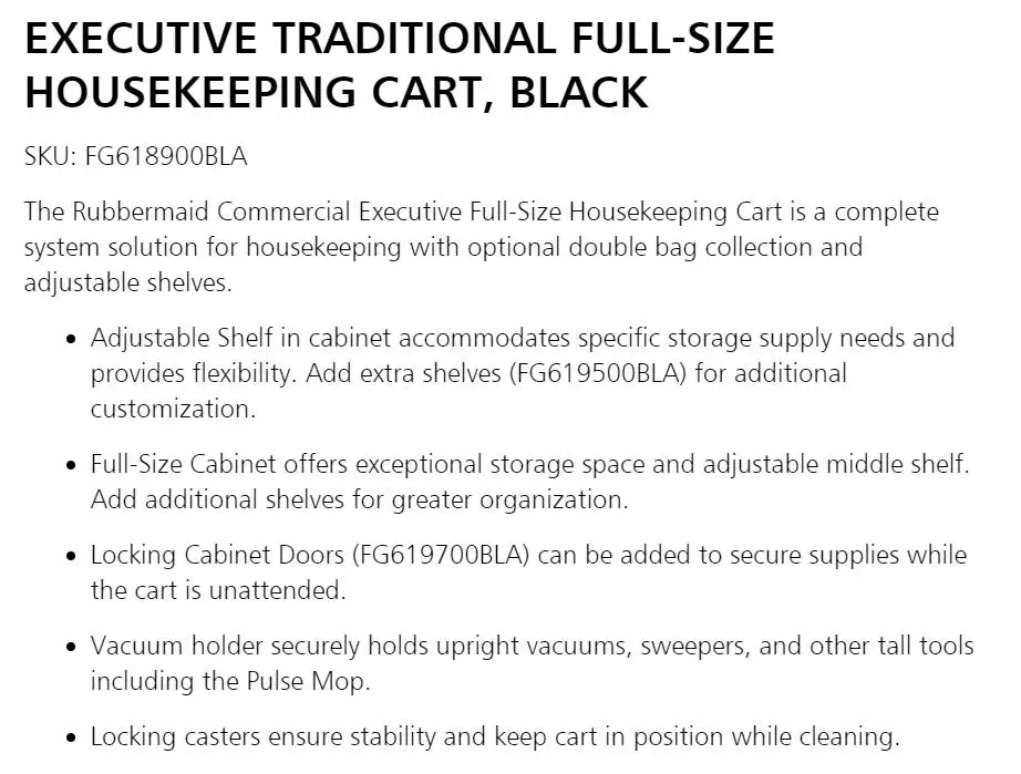 Rubbermaid FG618900BLA Full Size Housekeeping Cart