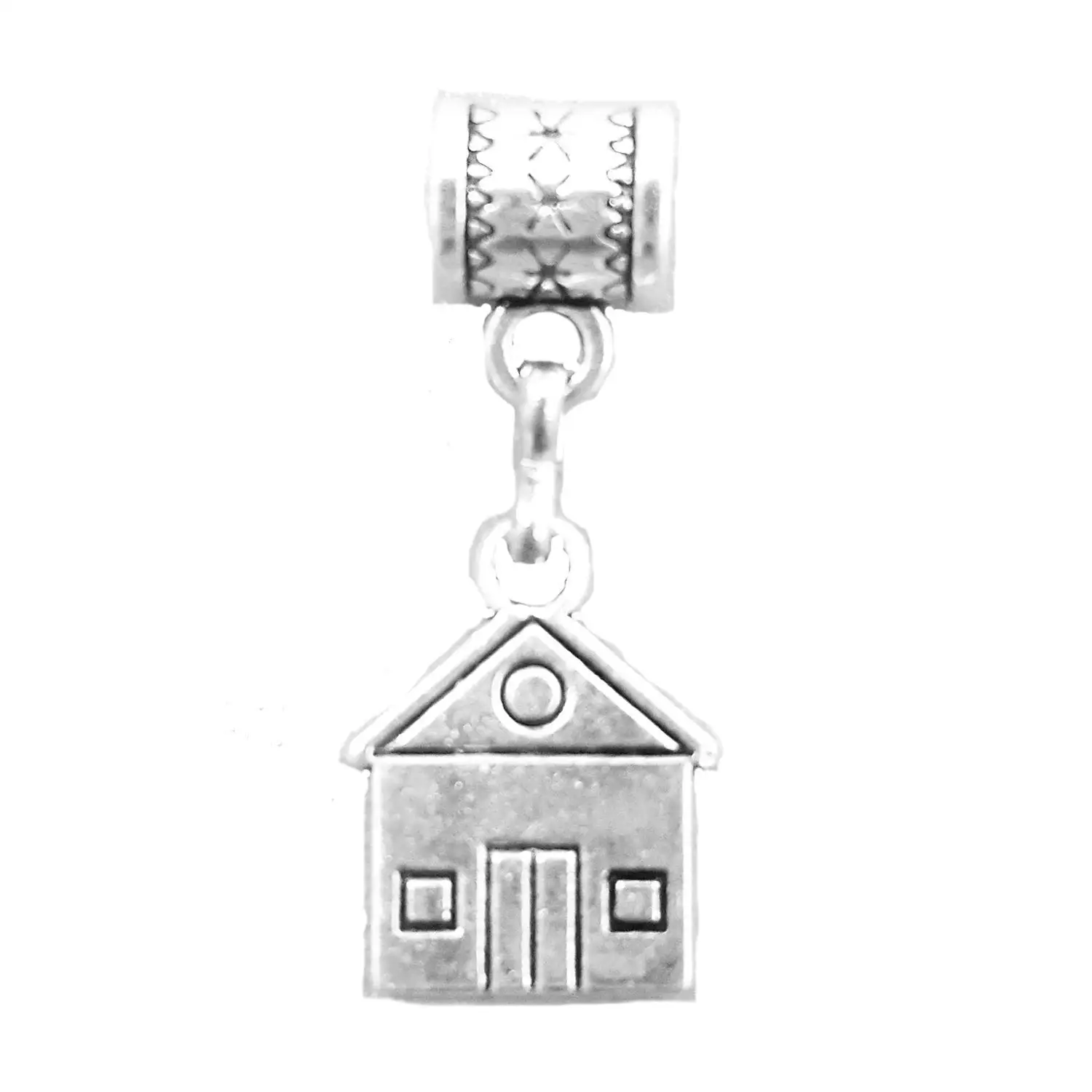 "House charm" or"School charm" is a double-sided Antique silver hanging charm by Mossy Cabin for large hole style snake chain charm bracelets or add to a key chain or neck chain