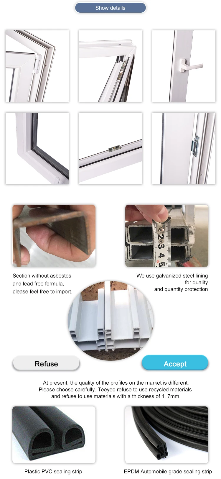 Teeyeo 30 years warranty manufacturers sound proof pvc upvc profile casement doors and windows price list