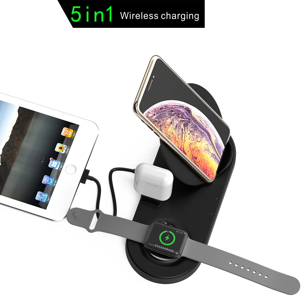 2019 New design 5 in 1 multi-function wireless charging station W7 Charging Station Dock