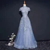 High Neck Short Sleeve 2018 Evening Dresses A Line Blue Lace Long Fashion Real Photo Evening Gowns