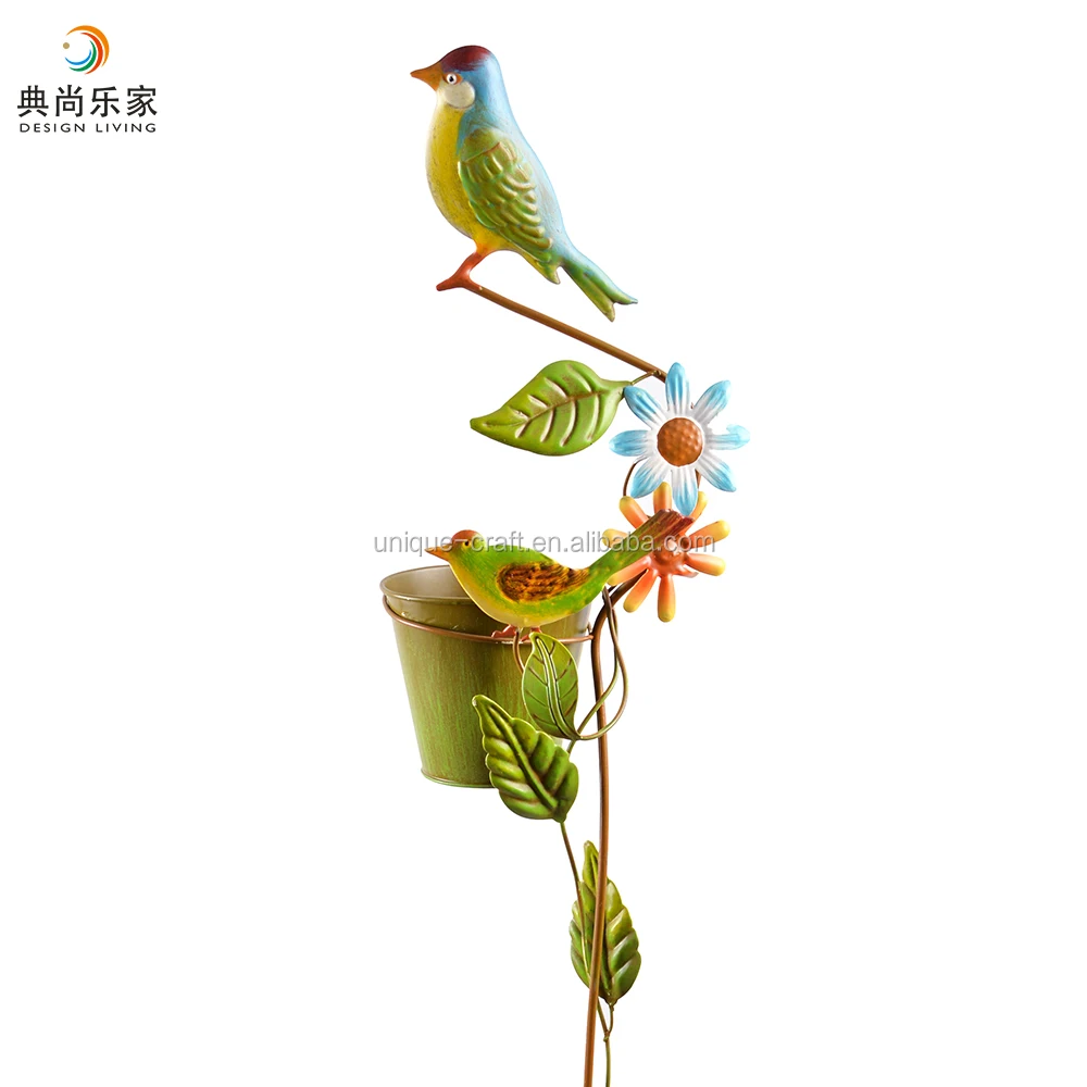Spring Garden Stake with Decorative Bird and Metal Plant Flower Pots Planters