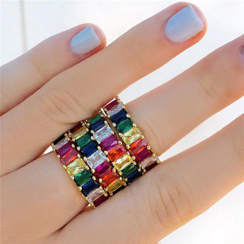Wholesale 18k gold jewelry rainbow ring mix color stone colorful rainbow cz cubic zirconia diamond ring