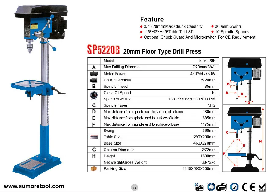 New 16 Speed Floor Standing Drill Press Machine Sp5220b German