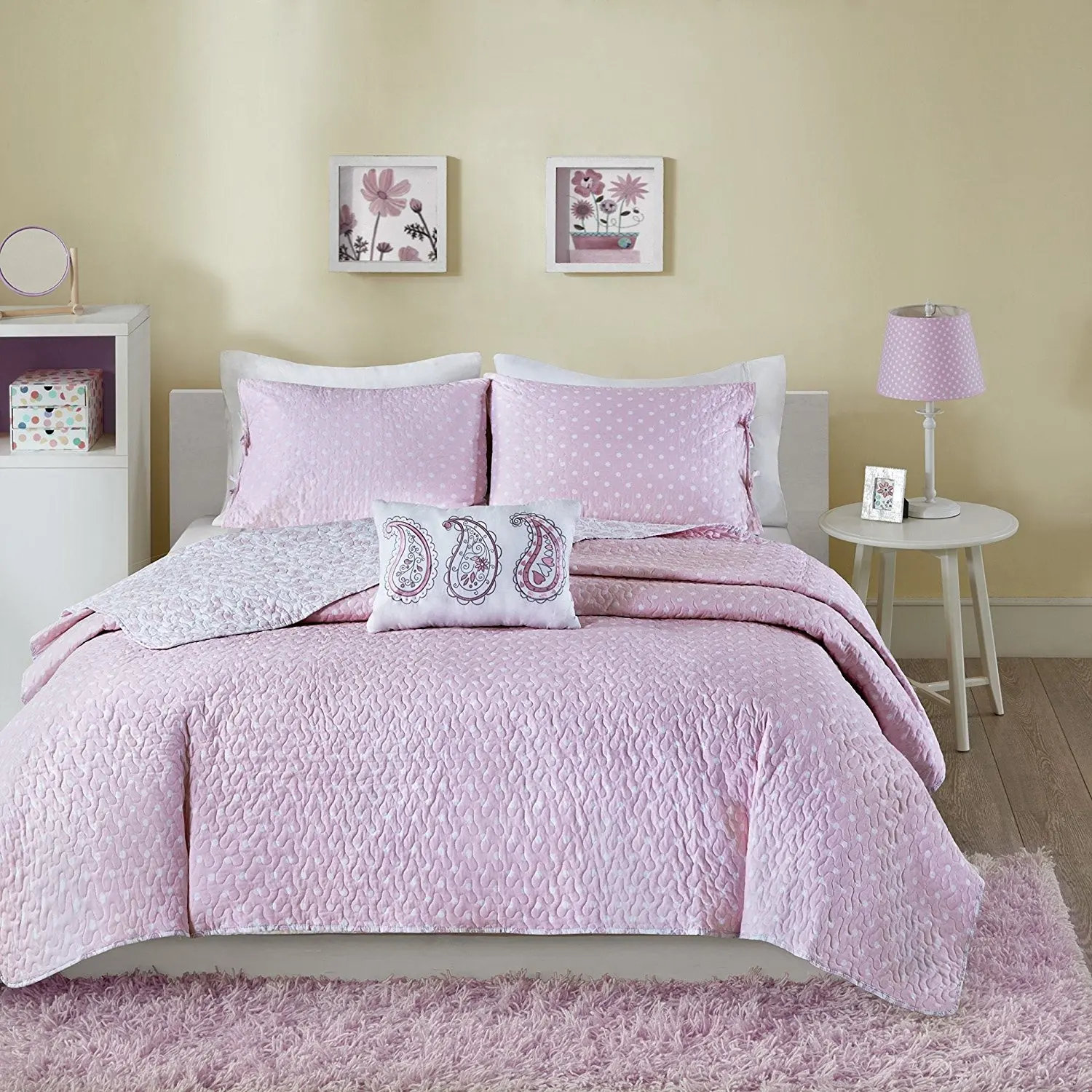 3 Piece Paisley Floral Reversible Polka Dot Themed Coverlet Twin Set, Girls Soft Pink White Textured Flower Swirl Scroll Bedding, Girly Multi Polkadot Dots Dot Themed Pattern, Cotton