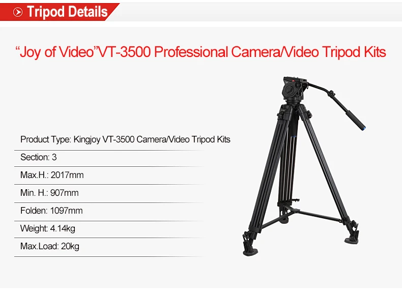 KINGJOY Heavy Duty Aluminum Video Camera Tripod VT-3500+VT-3530, 77 Inch Height for Different Shooting Request