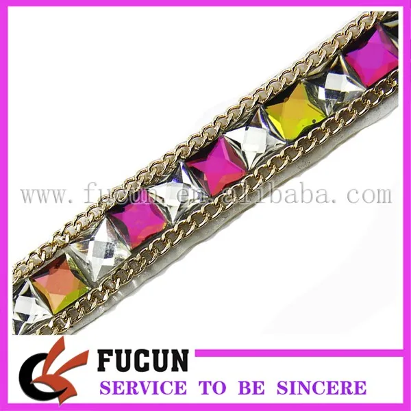 acrylic stone and metal chain hot fix tape for garment,hat,shoe decoration .jpg
