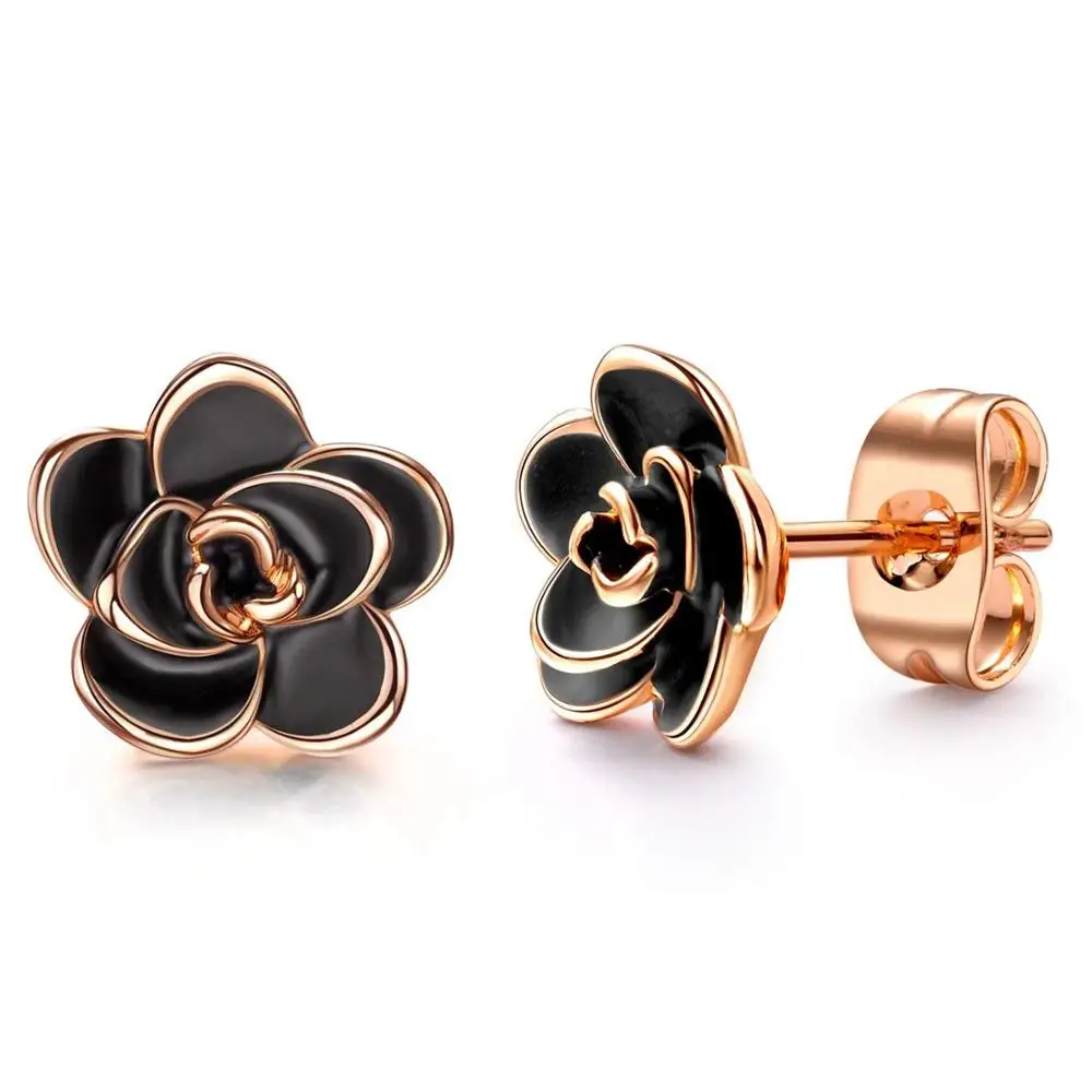 18K Gold Plated Black Rose Flower Stud Earrings for Women