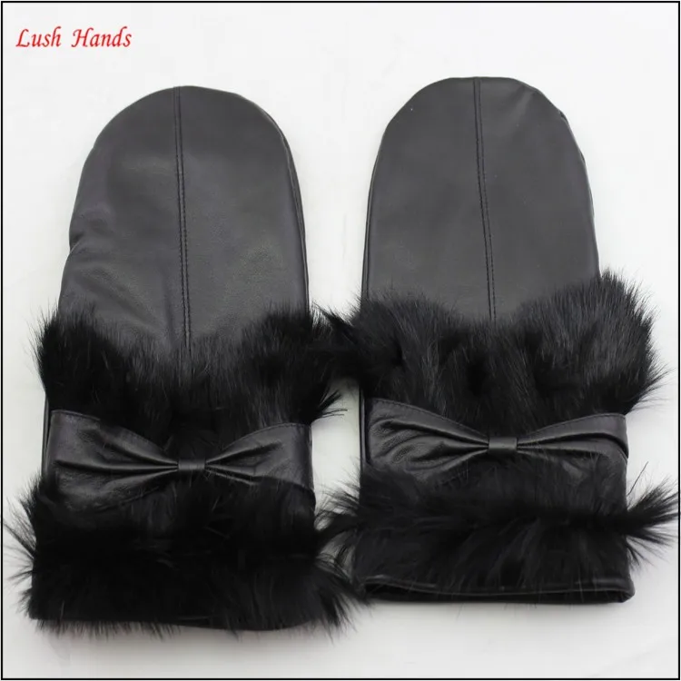 women wearing real rabbit fur warm mitten gloves black leather glove