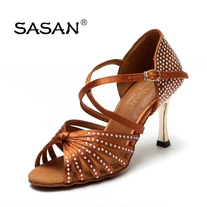 Sasan Wholesale Woman Latin Dance Shoes Crystal High Low Heel Salsa
