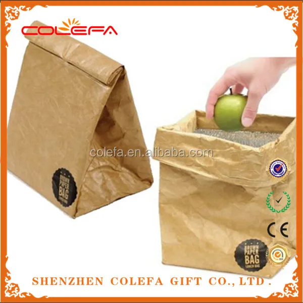 Recycle Food Grade Insulated Cooler Brown Tyvek Paper Lunch Bag With