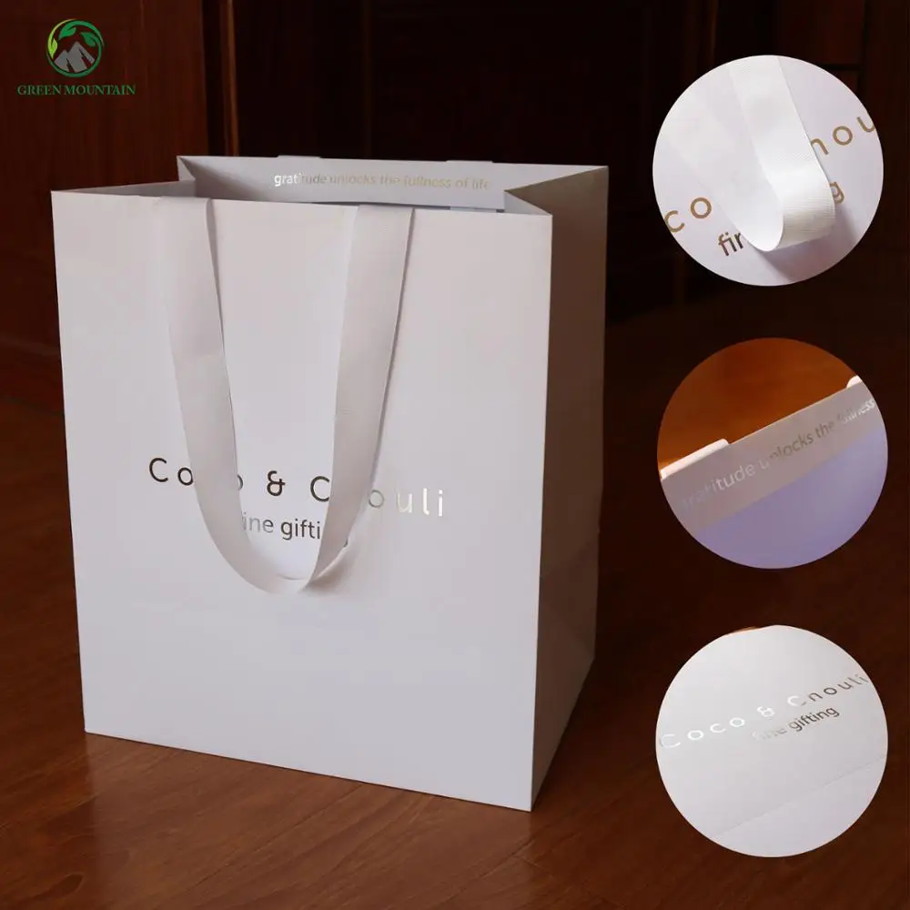 Eco Friendly Matt Silver Foil Logo White Paper Bag With Grosgrain Ribbon Handles Eco Friendly Matt Silver Foil Logo White Paper Bag With Grosgrain Ribbon Handles