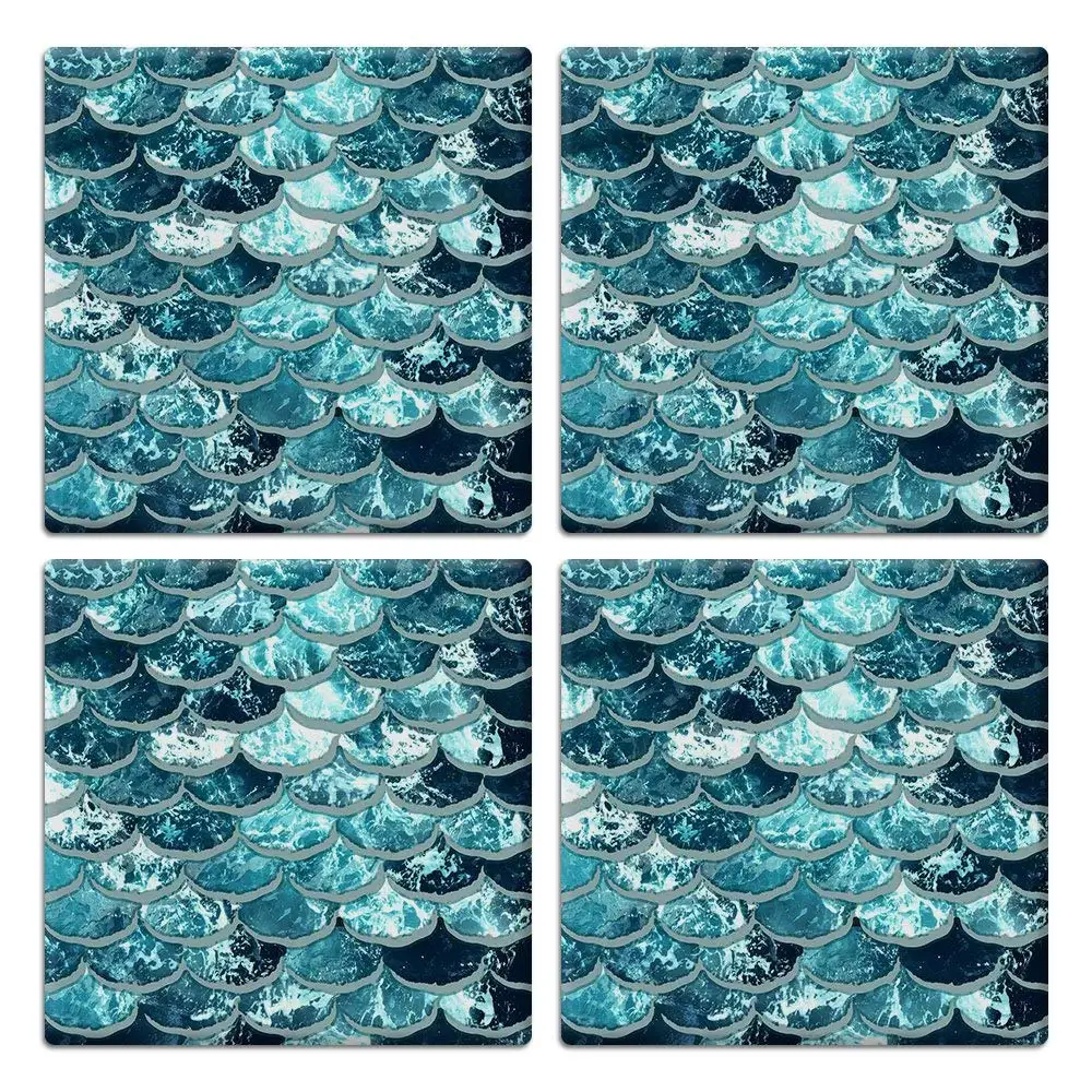 CARIBOU SQUARE Ceramic Stone Coasters 4pcs Set, Mug Coffee Cup Place Mat Home Coasters for Hot & Cold Drinks, Mermaid Scales Blue Wave