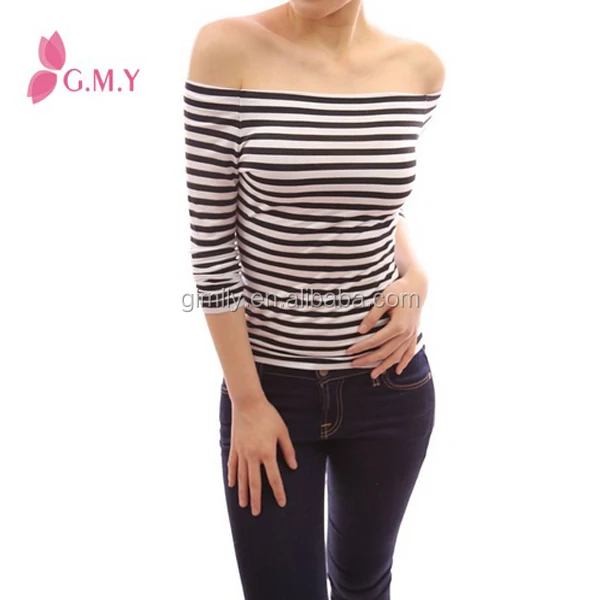 black and white striped off the shoulder top