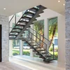 Prefab Traditional Stair System Centre Single Stringer Hardwood Steps Wire Railing Staircase