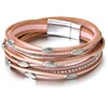 Female Multilayer Bracelet PU Bangle for Girls Leaf Shape Pink Leather rope with Rhinestone Bracelets Woman Leather Warp Bangles