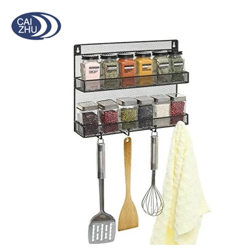 Wall Mounted Black Wire Mesh Metal 2 Shelf Multipurpose Spice Storage
