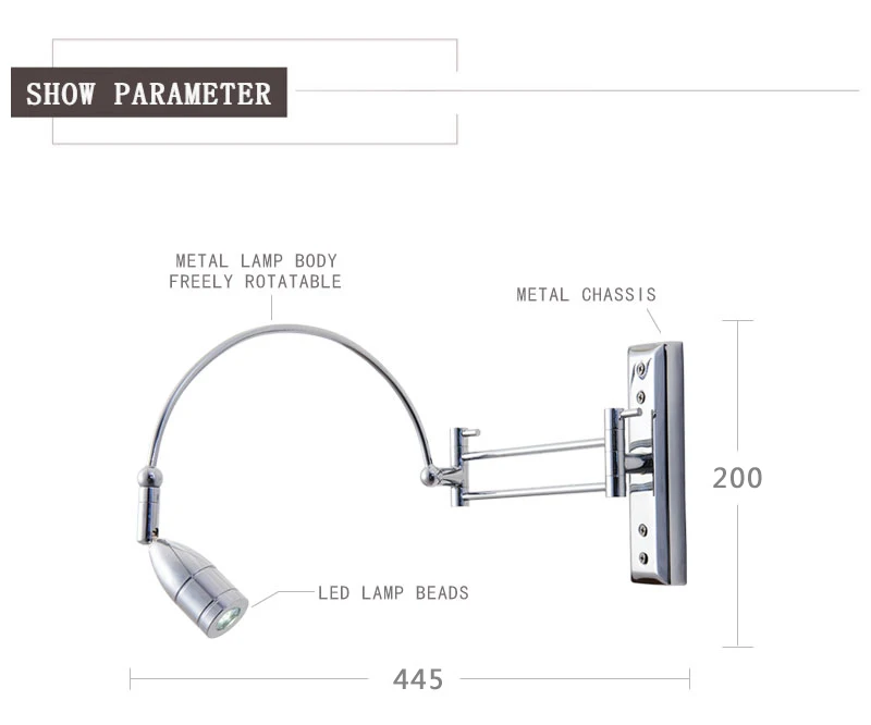 Chrome wall lamp modern led swing arm wall lamp for reading room and bedroom hotel