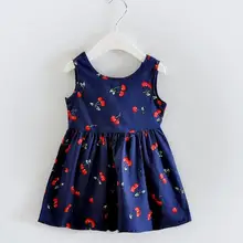 2016 New Hot Meninas Cereja Impressão Vestido Sem Mangas de Bebê Meninas Vestido Coreano Bonito Bowknot Algodão Menina Roupas de Verão Vestido Ocasional