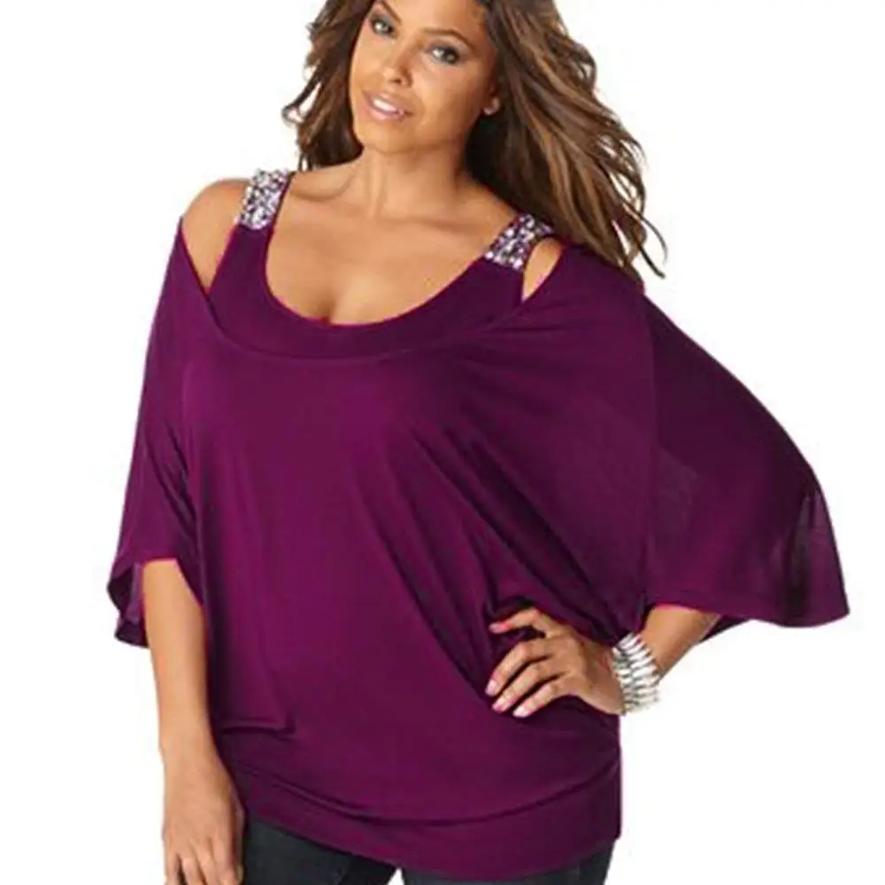 Handyulong Women Shirts Clearance Sale Plus Size Casual 3/4 Sleeve Crewneck Cold Shoulder Bling Tunic Blouse Tops