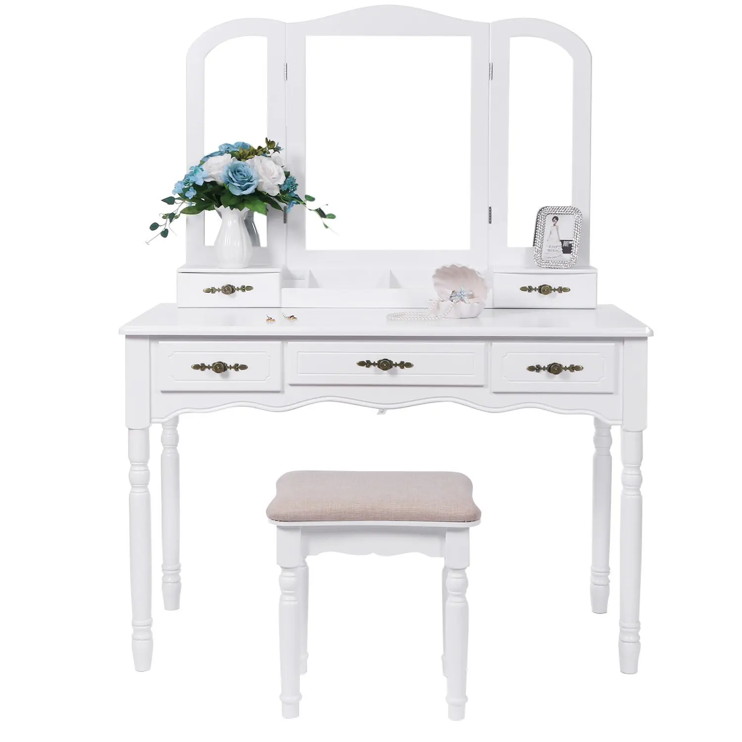 5 Drawers White Color Bedroom Mirrored Dressing Table Furniture