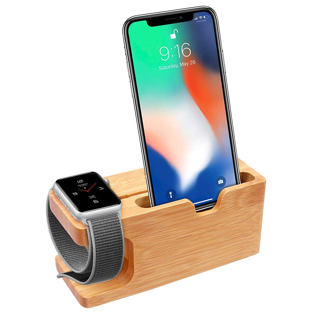 Cell Phone Charger Dock With Watch Bamboo Holder Desk Wood