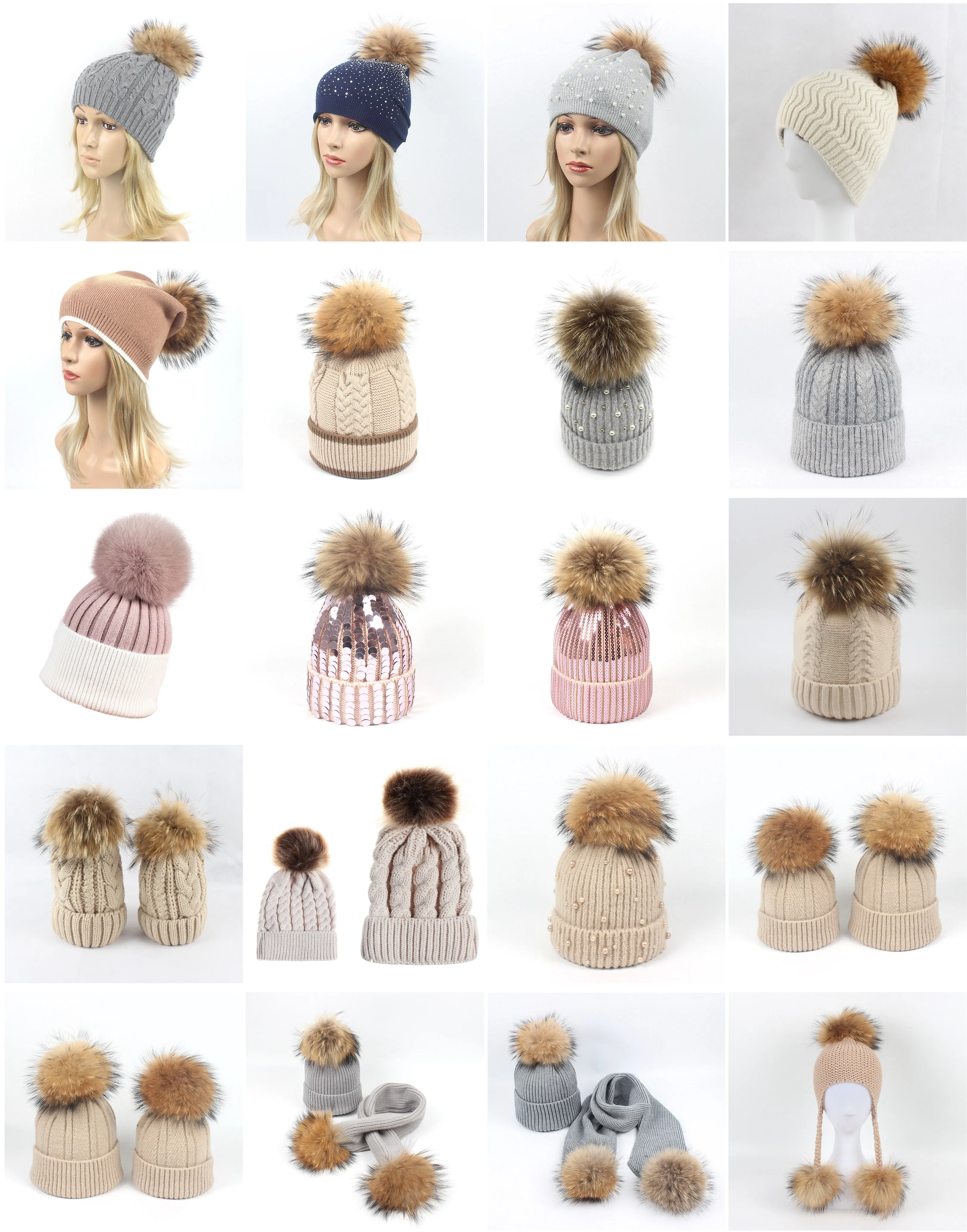 Winter Pompom Hat Women Slouchy Beanie  with Velvet Ladies Knitted Real Fur Pom Pom Stretchy Hat Female Warm down  hat