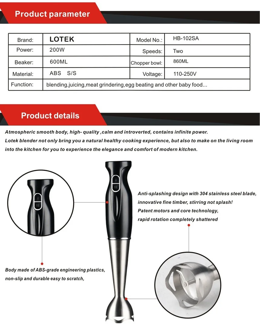 Stainless Steel Immersion Electric Motor Kitchen Manual Hand Blender