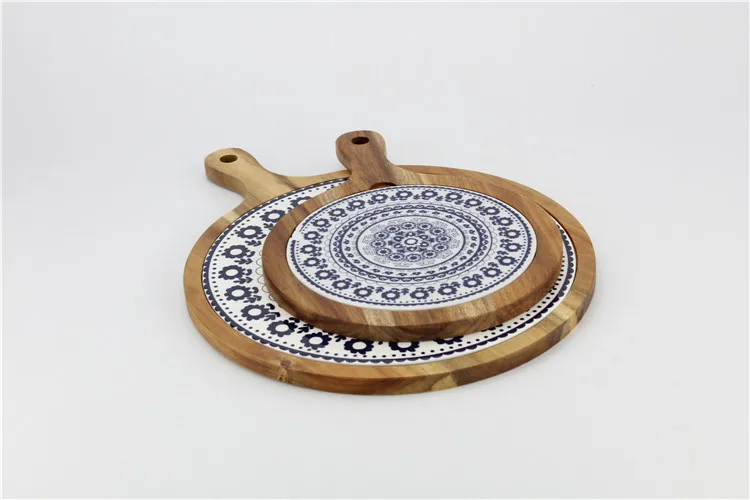 Non-slip wooden base custom printed ceramic serving tray with sauce bowls