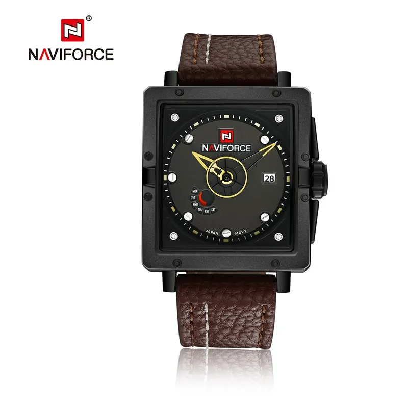 top famous naviforce 9065 luxury watch men business leather strap date analog watch square quartz fashion military brand watch