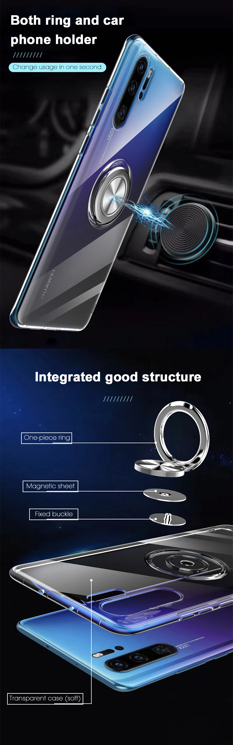 New product clear TPU magnetic ring holder mobile phone case back cover for Huawei P30 Pro