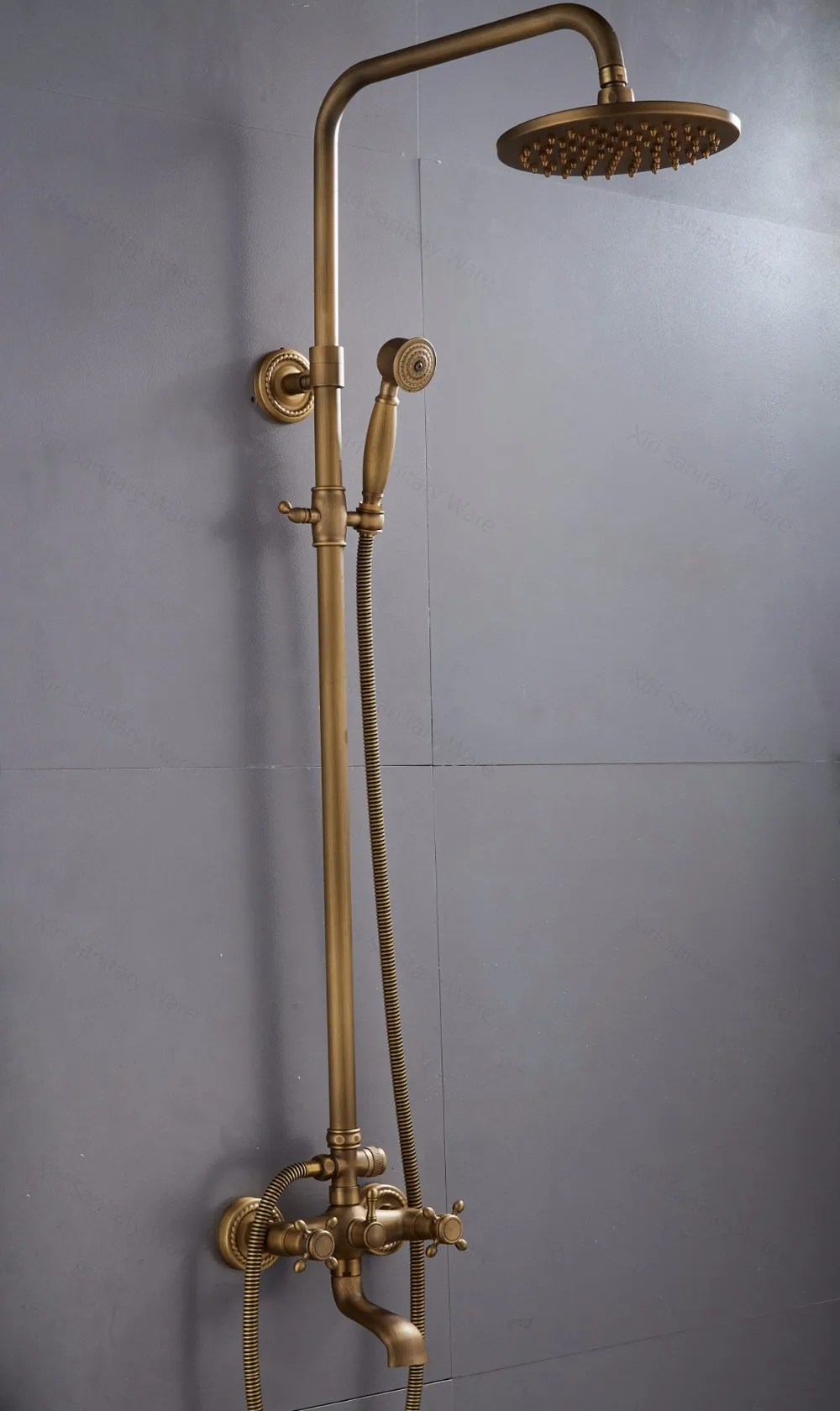 Classic European Style Antique Brass Shower Set Wall Mount Two Handle 3