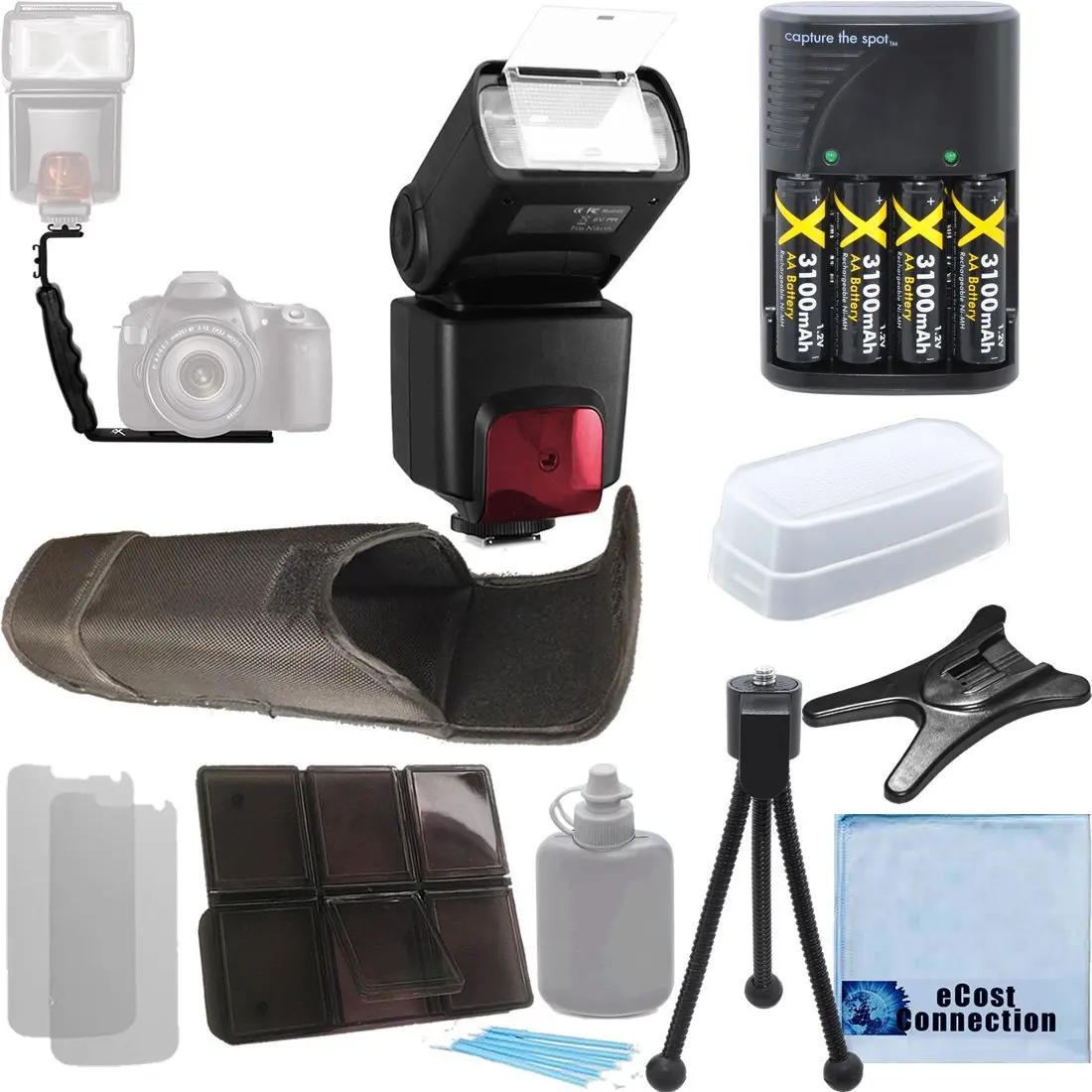 Pro Series Dual Shoe Right Angle Flash Bracket With Horizontal /& Vertical Position For Canon T1i Professional TTL Swivel Flash T2i T5i SL1 10D with a Complete Starter Kit T5 T3 Home // Car Charger T4i T3i 4 Rechargeable AA Batteries