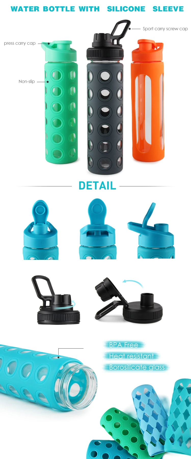 Leakproof Bpa Free Portable 18oz Glass Water Bottles With Nylon