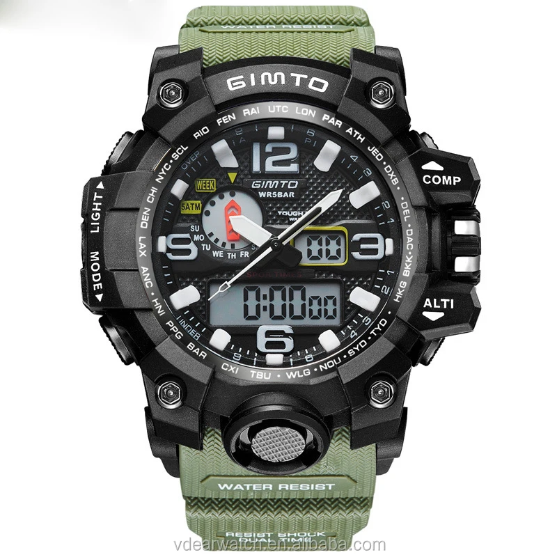Out door army style multiple time zone technology men sport watch analog digital wrist watch