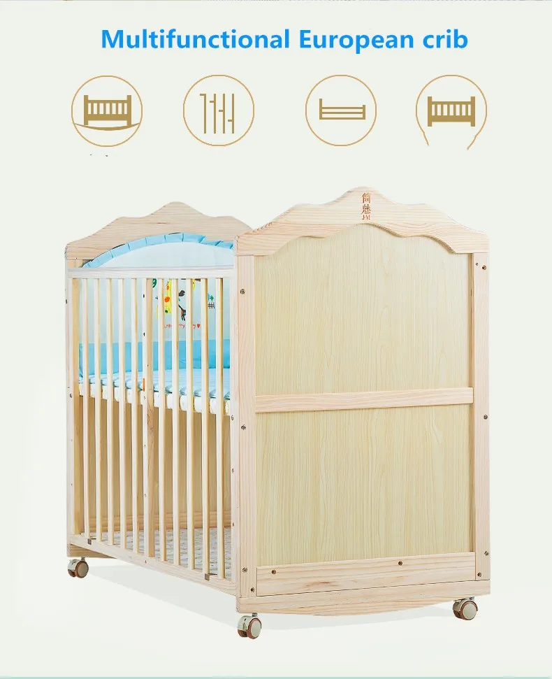 Large Sleep Space Adjustable Solid Wood Baby Cribs 4 In 1 Kids Cot