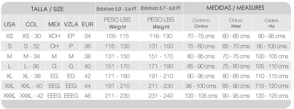 Colombian Pants Size Chart