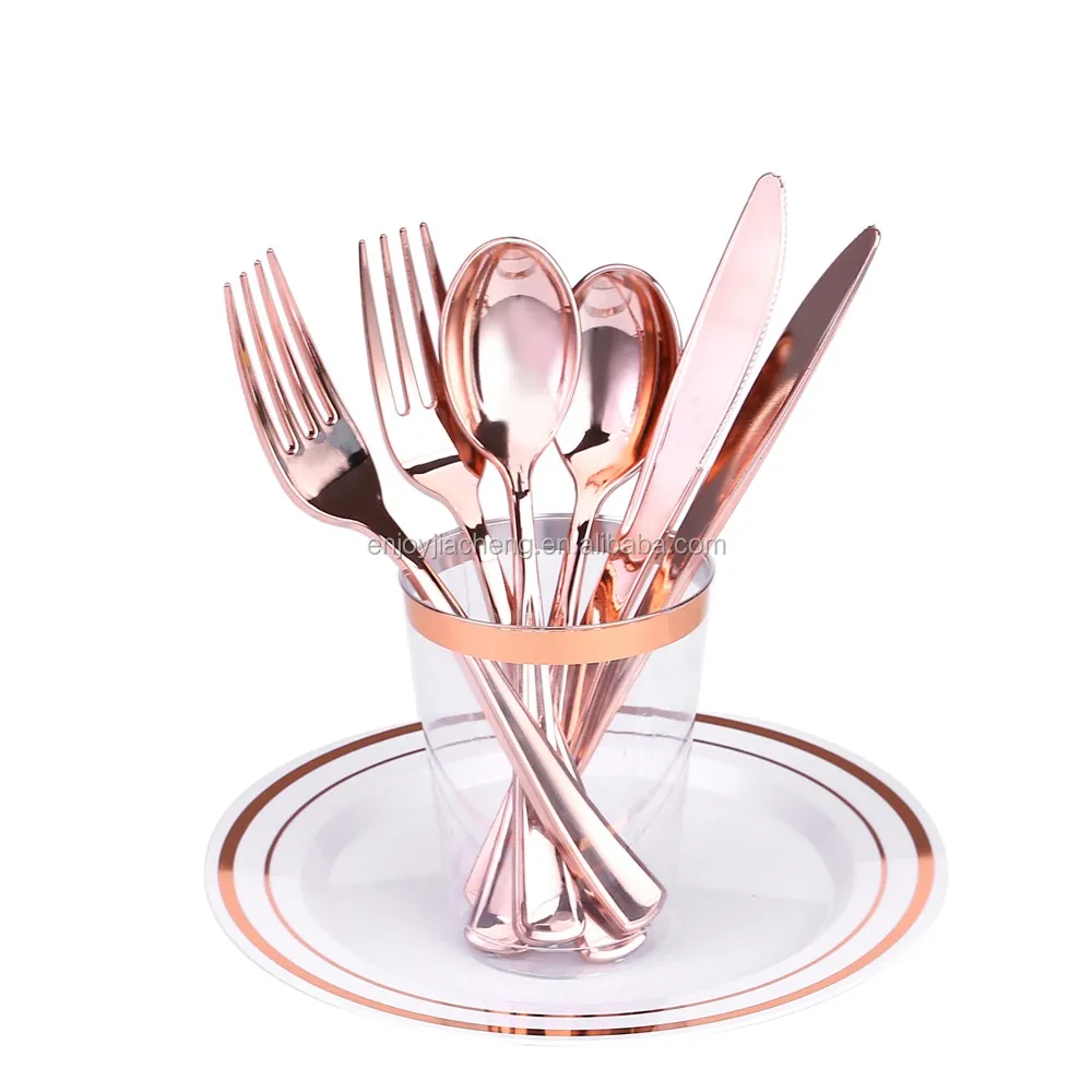 New Rose Gold Disposable Heavy Duty Plastic Silverware Set Include Forks Spoons Knives For Wedding Party Decorations Buy Plastic Sliverware