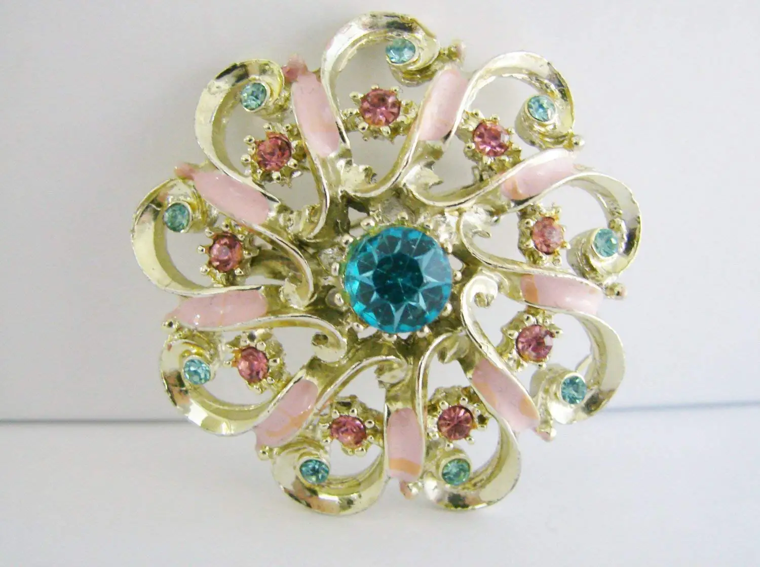 Vintage gold flower brooch with aqua blue and pink rhinestones (G3)