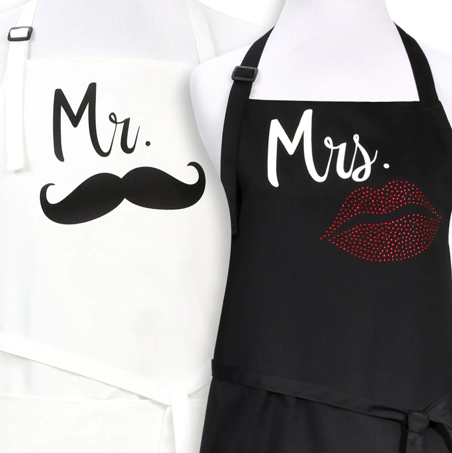 Plum Hill Mr. and Mrs. Aprons with Mustache and Red Rhinestone Lips Wedding Gift for Couples